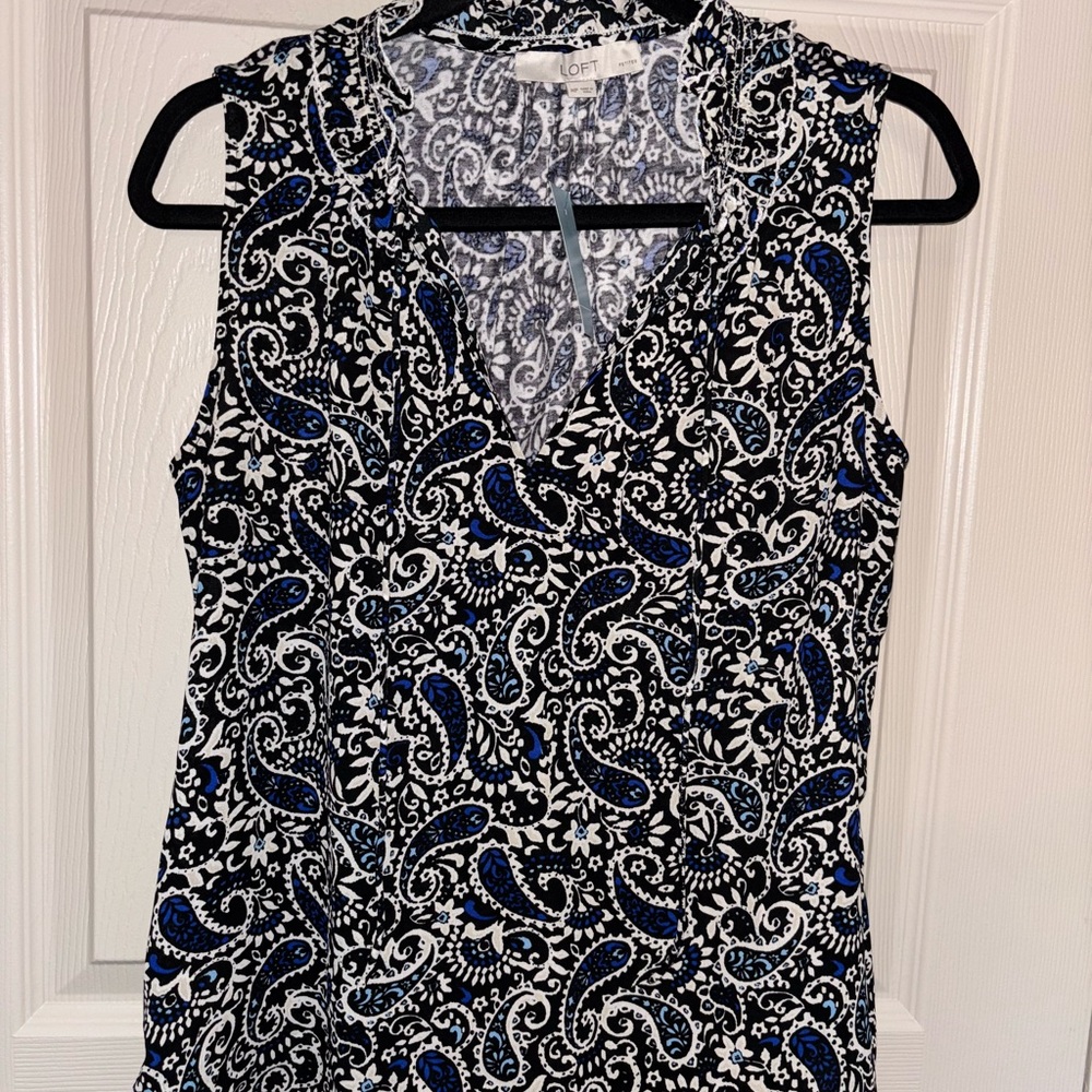 LOFT Paisley Sleeveless Blouse in Black, White, and Blue